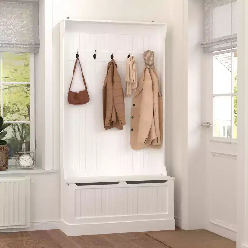 Banc d'entrée avec porte-manteau sur pied, arbre de hall avec rangement pour chaussures, organisateur d'entrée avec 5 crochets