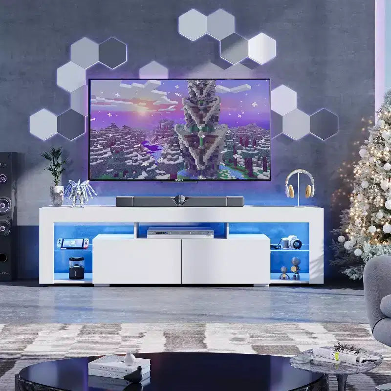 Meuble TV 160 cm pour téléviseurs de 55-70 pouces, centre de divertissement moderne avec 2 tiroirs, noir
