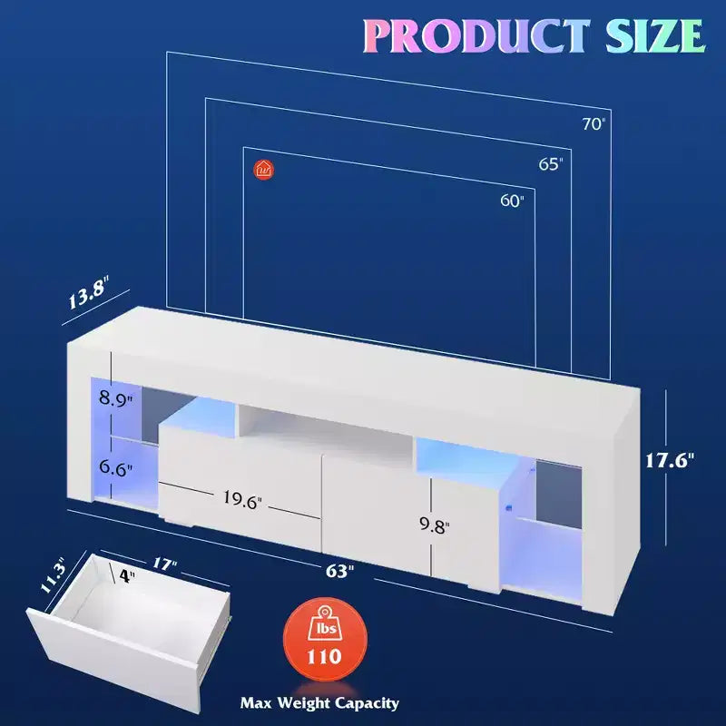 Meuble TV 160 cm pour téléviseurs de 55-70 pouces, centre de divertissement moderne avec 2 tiroirs, noir
