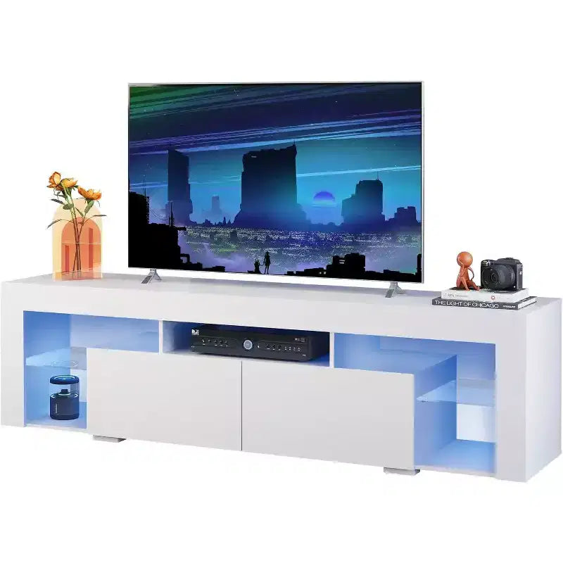 Meuble TV 160 cm pour téléviseurs de 55-70 pouces, centre de divertissement moderne avec 2 tiroirs, noir