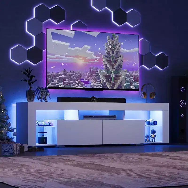 Meuble TV 160 cm pour téléviseurs de 55-70 pouces, centre de divertissement moderne avec 2 tiroirs, noir