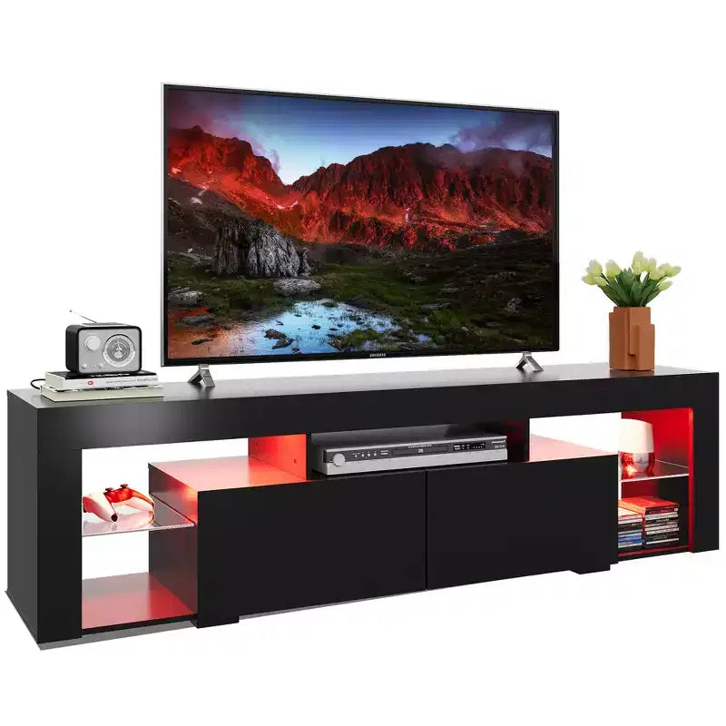 Meuble TV 160 cm pour téléviseurs de 55-70 pouces, centre de divertissement moderne avec 2 tiroirs, noir