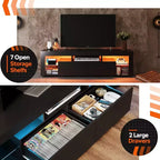 Meuble TV 160 cm pour téléviseurs de 55-70 pouces, centre de divertissement moderne avec 2 tiroirs, noir