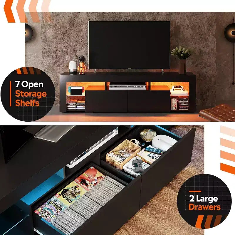 Meuble TV 160 cm pour téléviseurs de 55-70 pouces, centre de divertissement moderne avec 2 tiroirs, noir