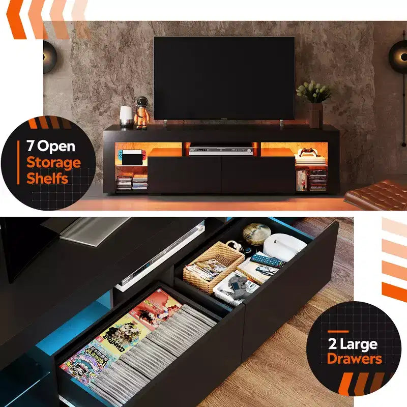 Meuble TV 160 cm pour téléviseurs de 55-70 pouces, centre de divertissement moderne avec 2 tiroirs, noir