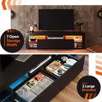 Meuble TV 160 cm pour téléviseurs de 55-70 pouces, centre de divertissement moderne avec 2 tiroirs, noir