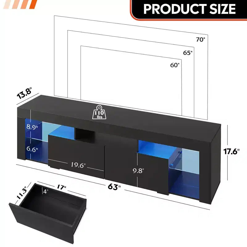 Meuble TV 160 cm pour téléviseurs de 55-70 pouces, centre de divertissement moderne avec 2 tiroirs, noir