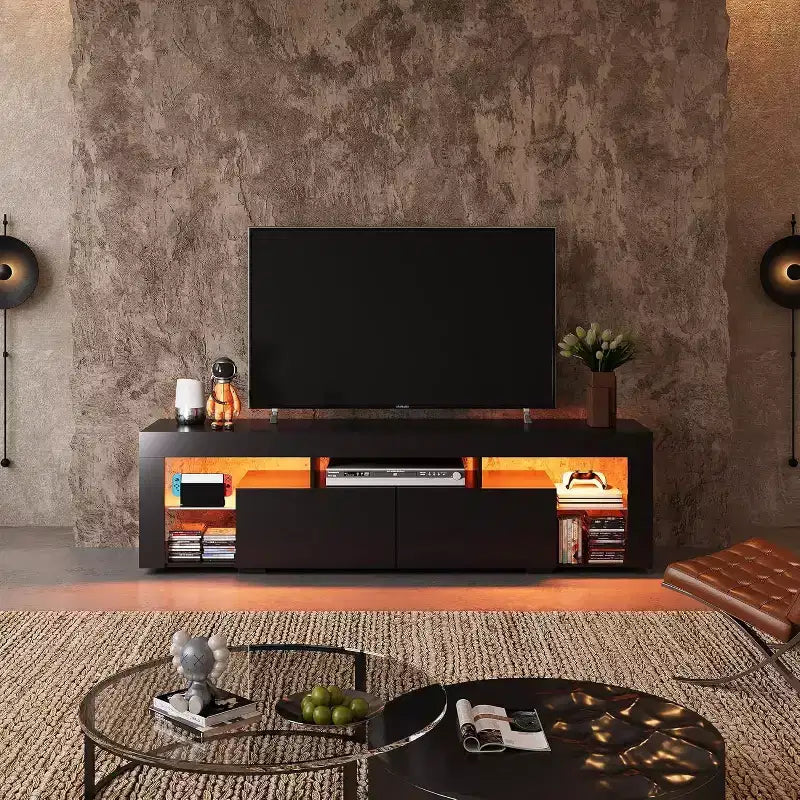 Meuble TV 160 cm pour téléviseurs de 55-70 pouces, centre de divertissement moderne avec 2 tiroirs, noir