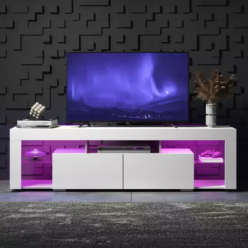 Meuble TV 160 cm pour téléviseurs de 55-70 pouces, centre de divertissement moderne avec 2 tiroirs, noir