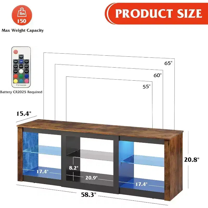 Meuble TV avec lumières LED pour téléviseurs jusqu'à 65", étagères en verre, console moderne, blanc