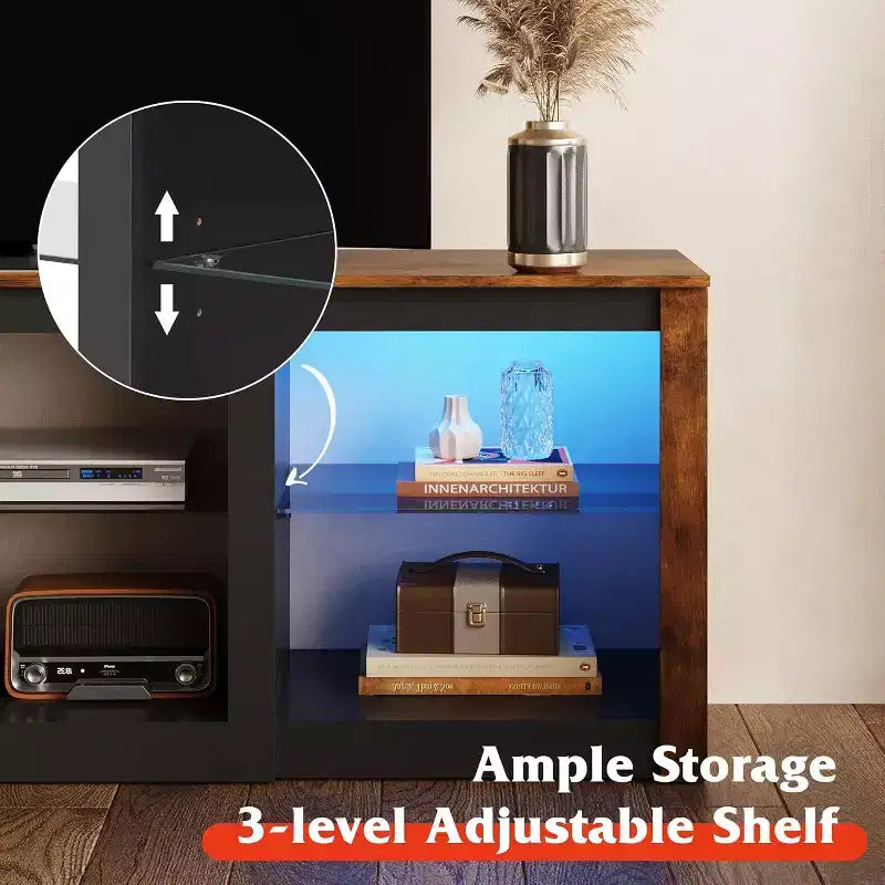 Meuble TV avec lumières LED pour téléviseurs jusqu'à 65", étagères en verre, console moderne, blanc