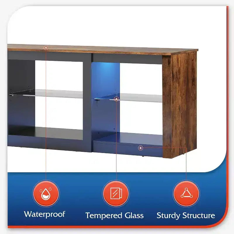 Meuble TV avec lumières LED pour téléviseurs jusqu'à 65", étagères en verre, console moderne, blanc