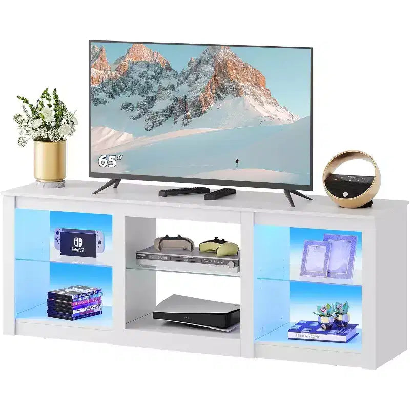 Meuble TV avec lumières LED pour téléviseurs jusqu'à 65", étagères en verre, console moderne, blanc