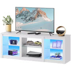 Meuble TV avec lumières LED pour téléviseurs jusqu'à 65", étagères en verre, console moderne, blanc