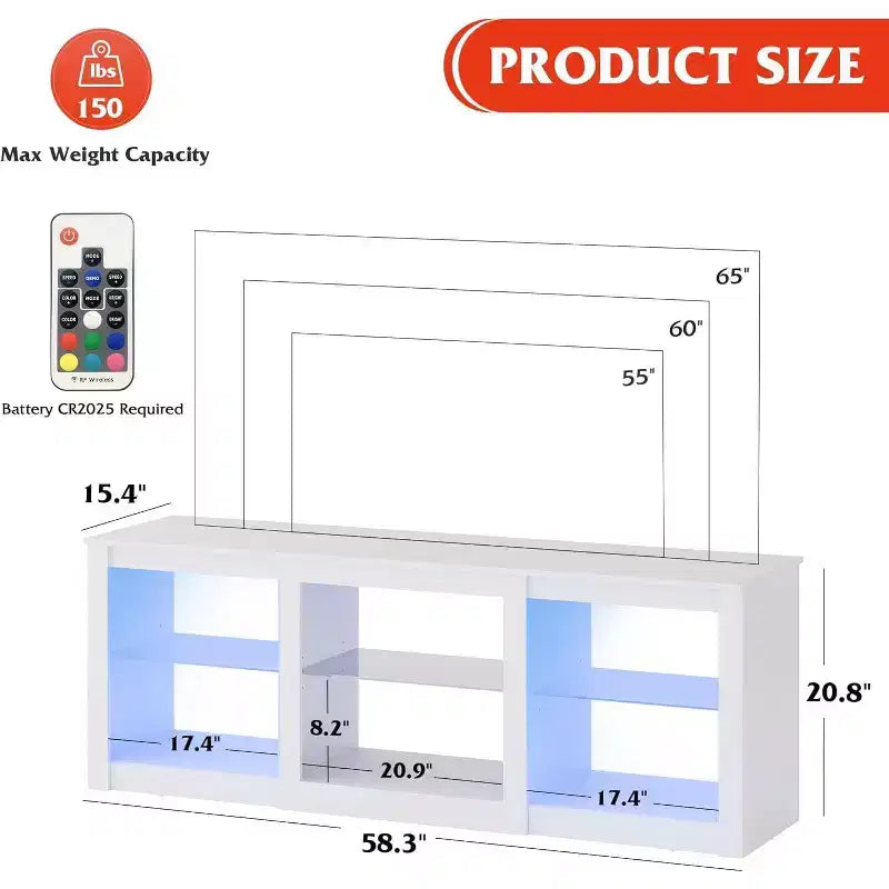 Meuble TV avec lumières LED pour téléviseurs jusqu'à 65", étagères en verre, console moderne, blanc