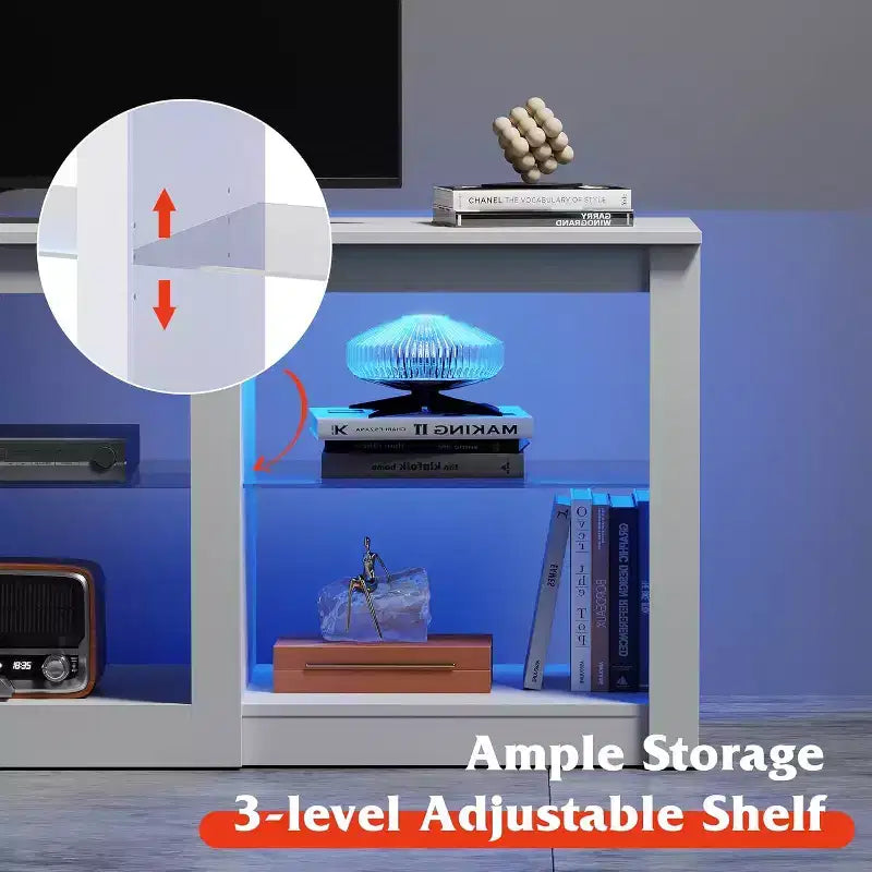 Meuble TV avec lumières LED pour téléviseurs jusqu'à 65", étagères en verre, console moderne, blanc