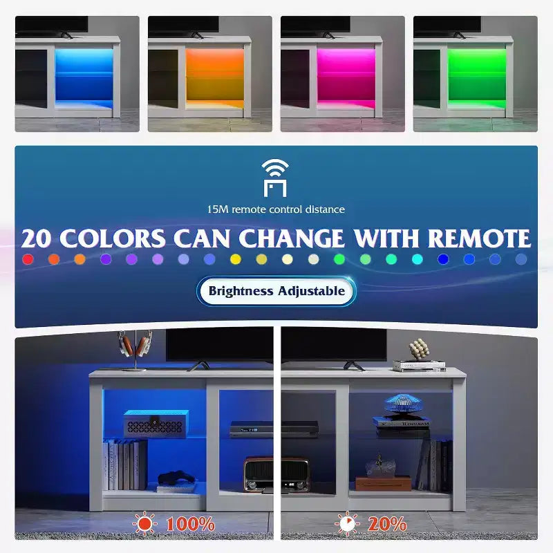 Meuble TV avec lumières LED pour téléviseurs jusqu'à 65", étagères en verre, console moderne, blanc