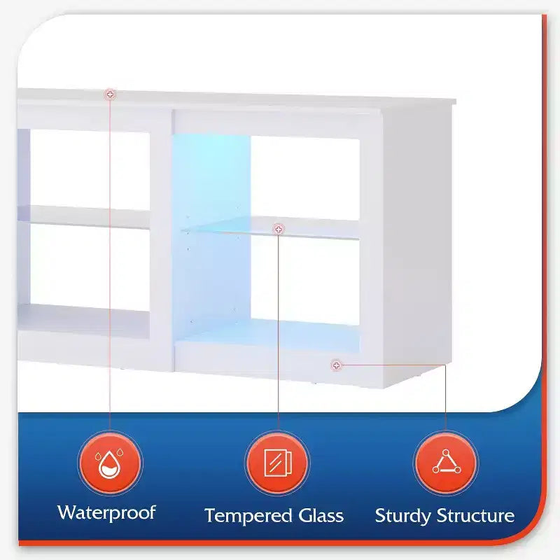Meuble TV avec lumières LED pour téléviseurs jusqu'à 65", étagères en verre, console moderne, blanc