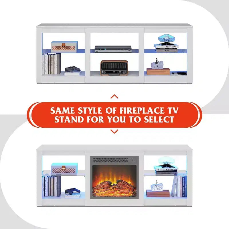 Meuble TV avec lumières LED pour téléviseurs jusqu'à 65", étagères en verre, console moderne, blanc