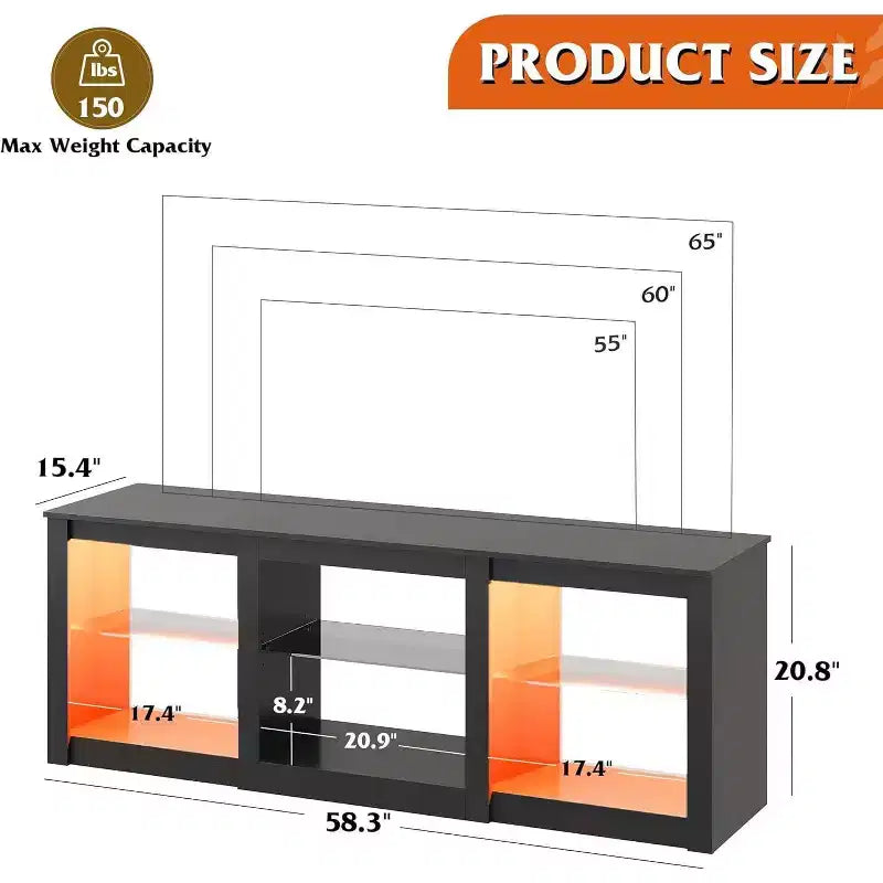 Meuble TV avec lumières LED pour téléviseurs jusqu'à 65", étagères en verre, console moderne, blanc