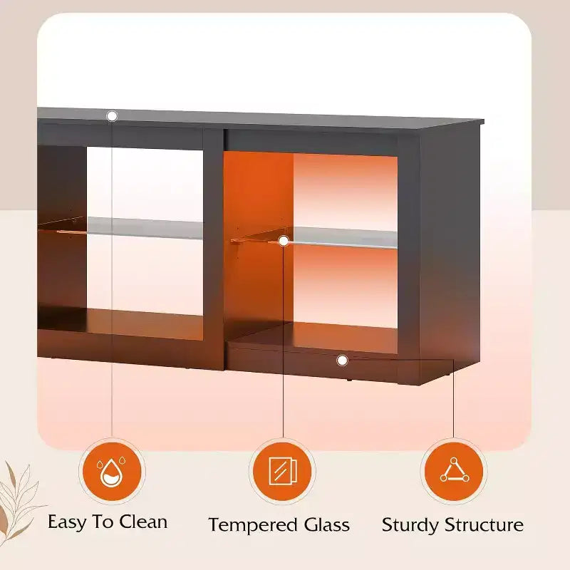Meuble TV avec lumières LED pour téléviseurs jusqu'à 65", étagères en verre, console moderne, blanc