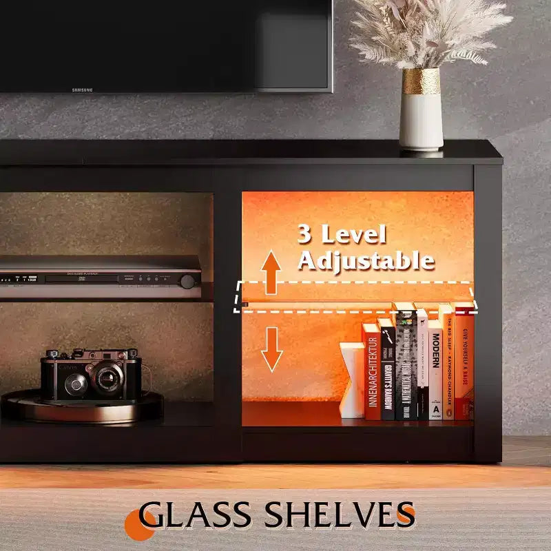 Meuble TV avec lumières LED pour téléviseurs jusqu'à 65", étagères en verre, console moderne, blanc