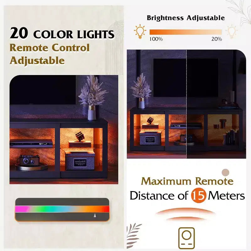 Meuble TV avec lumières LED pour téléviseurs jusqu'à 65", étagères en verre, console moderne, blanc