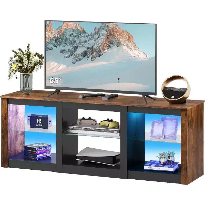 Meuble TV avec lumières LED pour téléviseurs jusqu'à 65", étagères en verre, console moderne, blanc