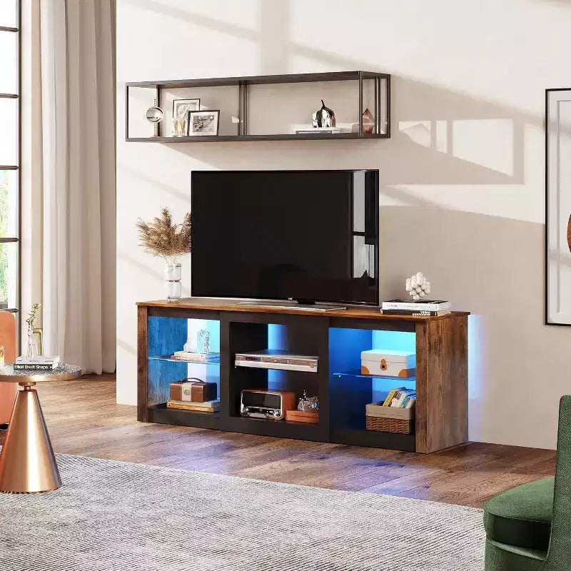 Meuble TV avec lumières LED pour téléviseurs jusqu'à 65", étagères en verre, console moderne, blanc