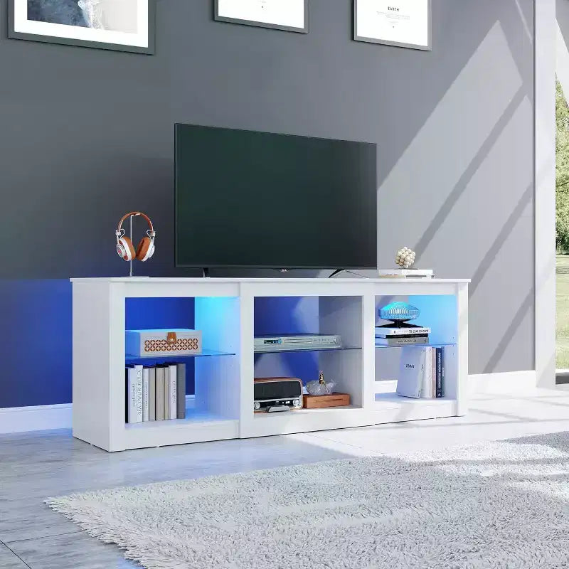 Meuble TV avec lumières LED pour téléviseurs jusqu'à 65", étagères en verre, console moderne, blanc