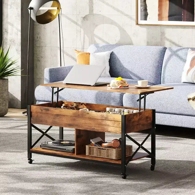 Table basse, Table basse à plateau relevable de 41,3 po avec 4 roulettes, compartiment caché, étagère de rangement et plateau relevable