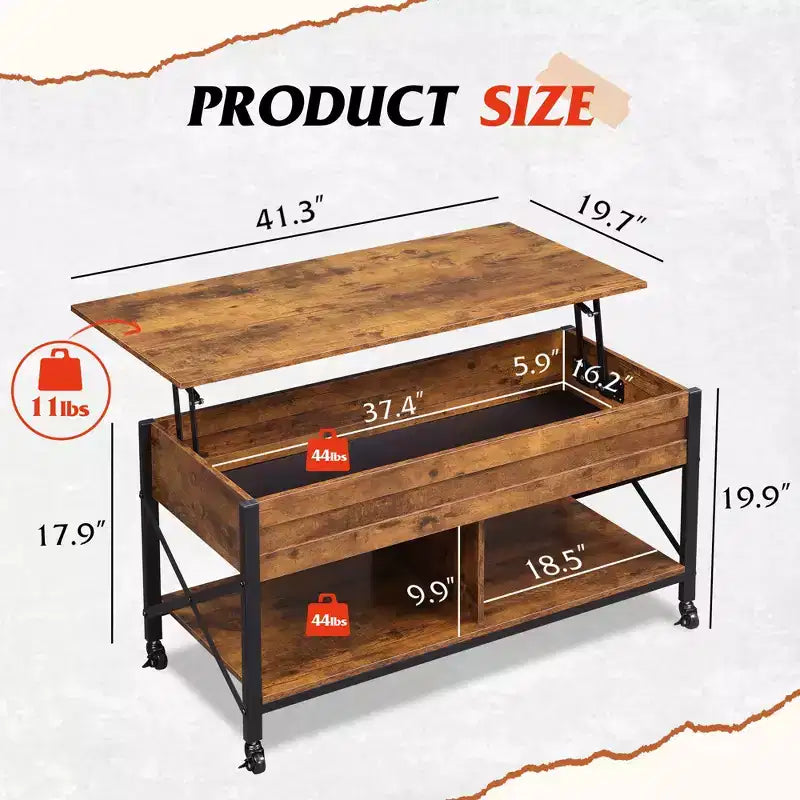 Table basse, Table basse à plateau relevable de 41,3 po avec 4 roulettes, compartiment caché, étagère de rangement et plateau relevable