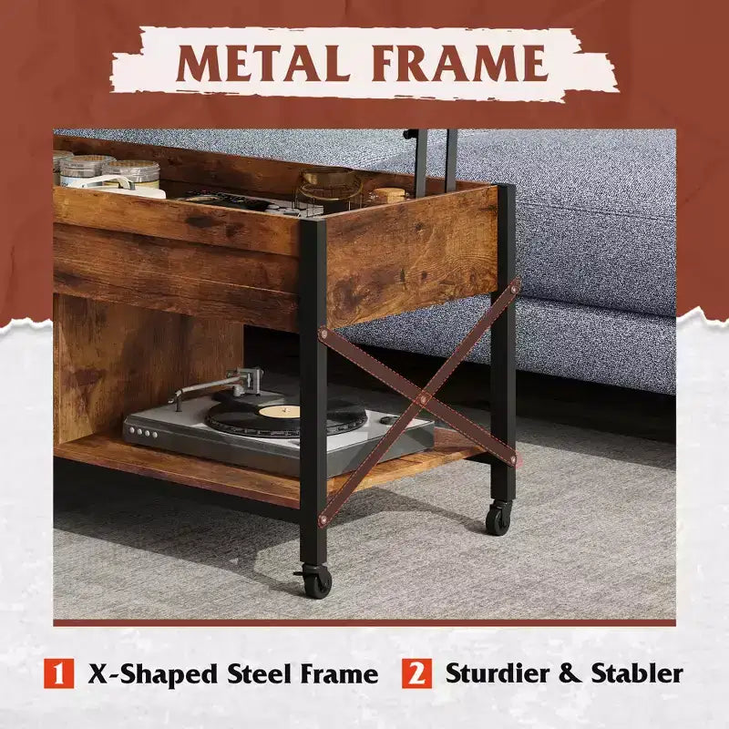 Table basse, Table basse à plateau relevable de 41,3 po avec 4 roulettes, compartiment caché, étagère de rangement et plateau relevable