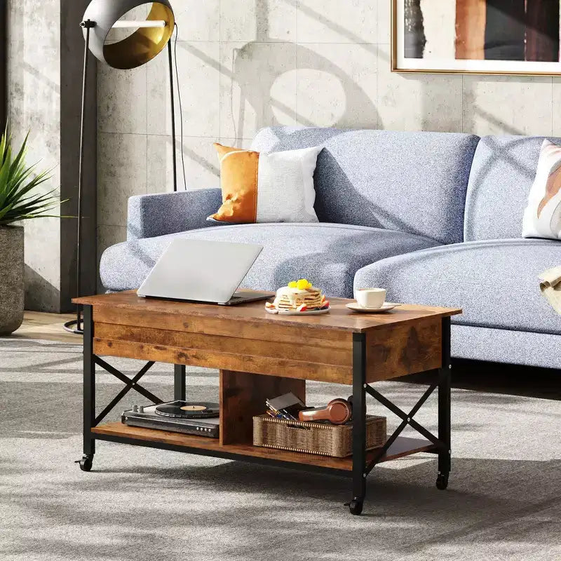 Table basse, Table basse à plateau relevable de 41,3 po avec 4 roulettes, compartiment caché, étagère de rangement et plateau relevable