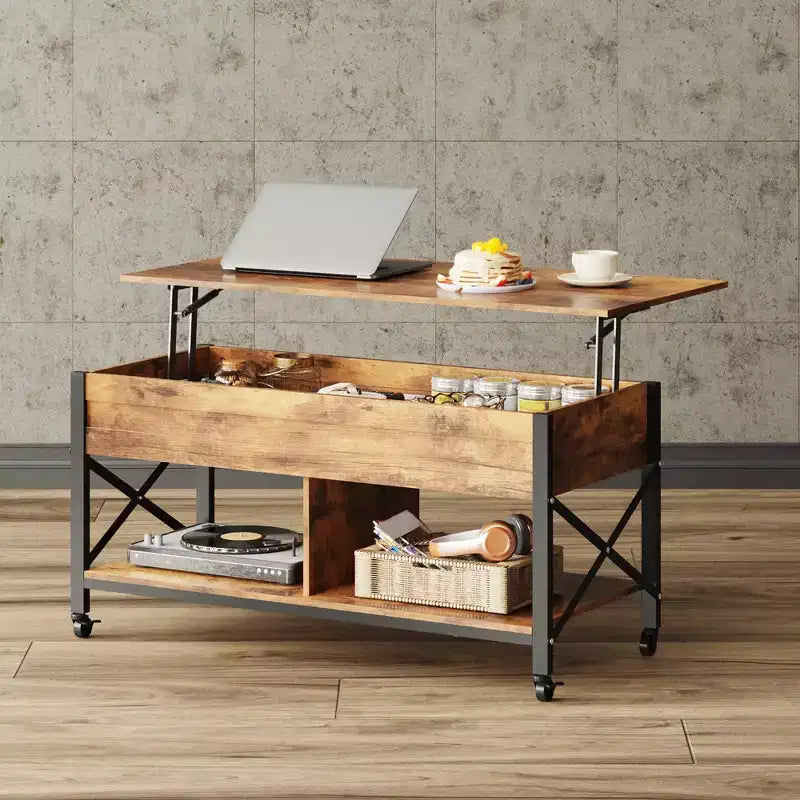 Table basse, Table basse à plateau relevable de 41,3 po avec 4 roulettes, compartiment caché, étagère de rangement et plateau relevable