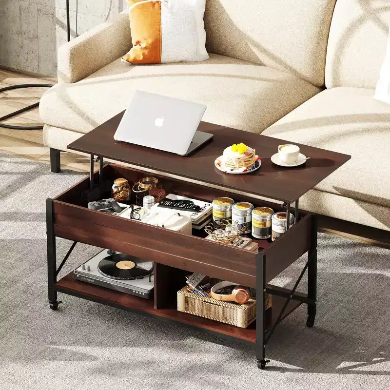 Table basse, Table basse à plateau relevable de 41,3 po avec 4 roulettes, compartiment caché, étagère de rangement et plateau relevable