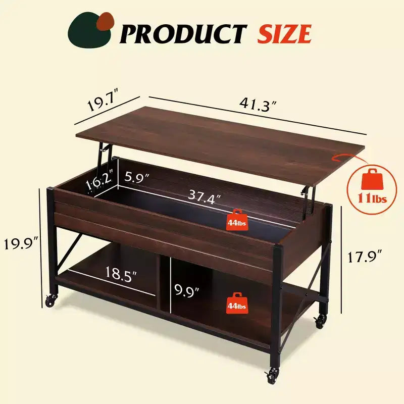 Table basse, Table basse à plateau relevable de 41,3 po avec 4 roulettes, compartiment caché, étagère de rangement et plateau relevable