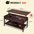Table basse, Table basse à plateau relevable de 41,3 po avec 4 roulettes, compartiment caché, étagère de rangement et plateau relevable