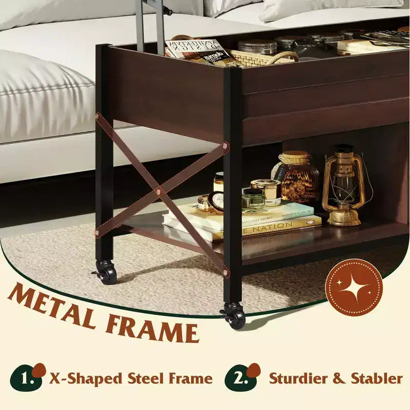 Table basse, Table basse à plateau relevable de 41,3 po avec 4 roulettes, compartiment caché, étagère de rangement et plateau relevable