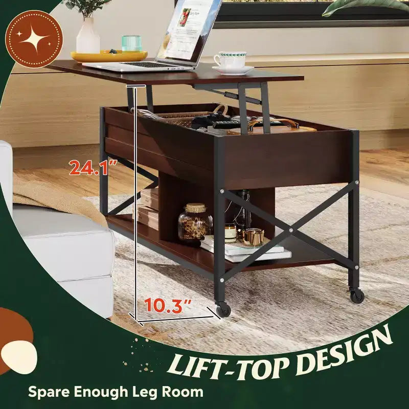 Table basse, Table basse à plateau relevable de 41,3 po avec 4 roulettes, compartiment caché, étagère de rangement et plateau relevable