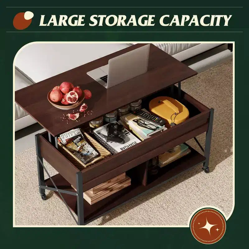 Table basse, Table basse à plateau relevable de 41,3 po avec 4 roulettes, compartiment caché, étagère de rangement et plateau relevable