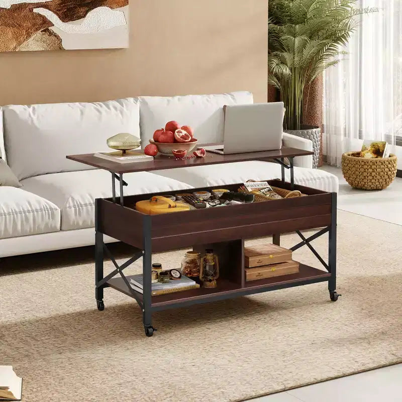 Table basse, Table basse à plateau relevable de 41,3 po avec 4 roulettes, compartiment caché, étagère de rangement et plateau relevable