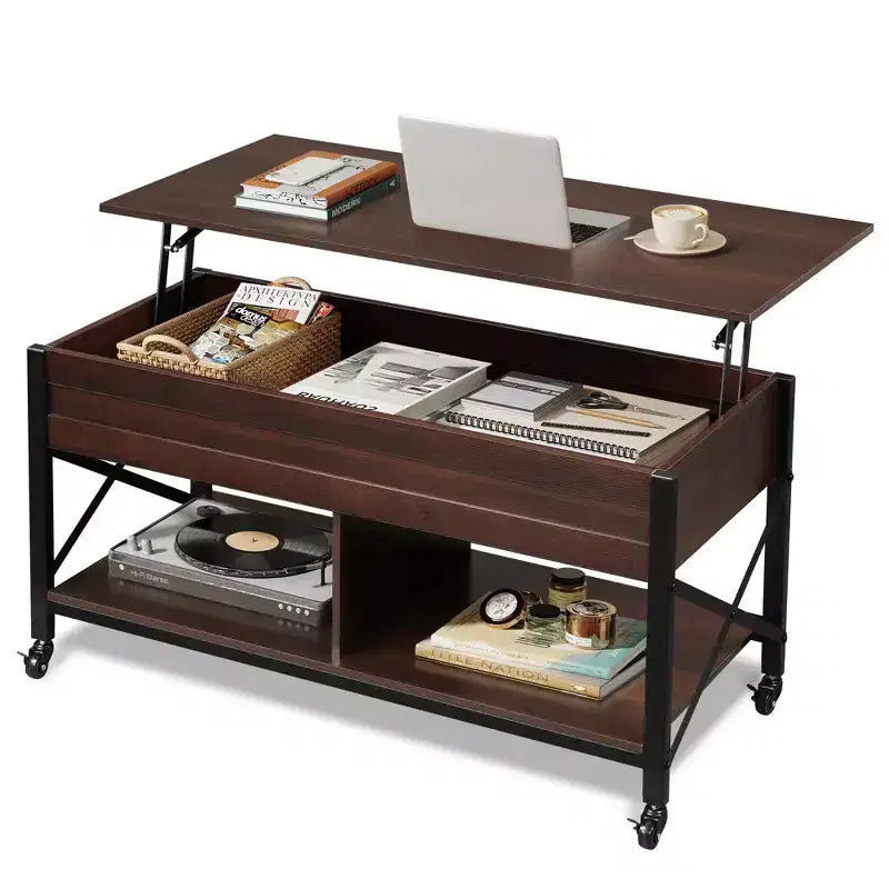 Coffee Table, 41.3 Lift Top Coffee Table with 4 Wheels, Hidden Compartment, Storage Shelf and Lift Tabletop