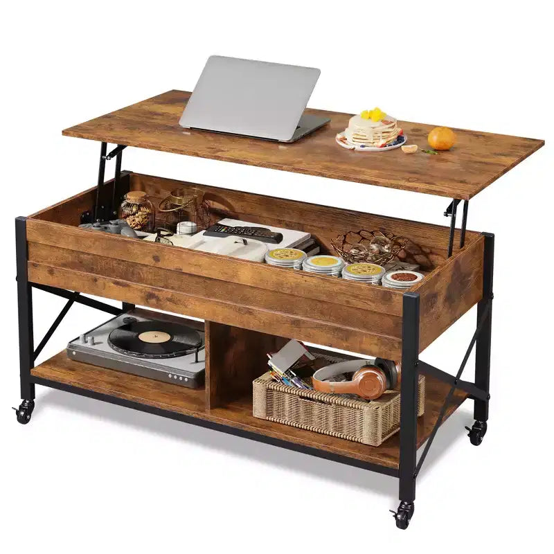Table basse, Table basse à plateau relevable de 41,3 po avec 4 roulettes, compartiment caché, étagère de rangement et plateau relevable