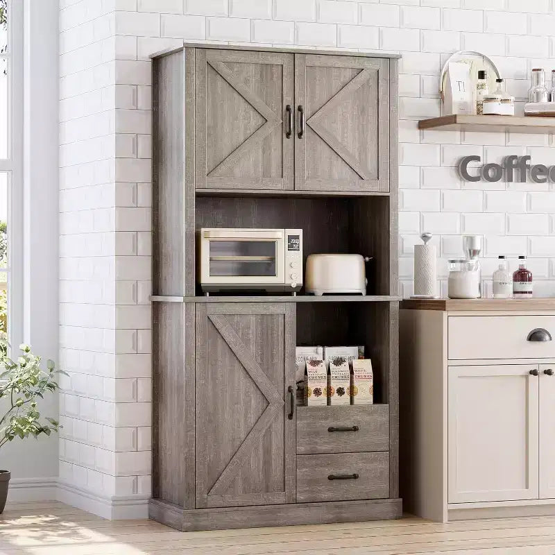 Meuble de cuisine élégant avec support pour micro-ondes, grande armoire haute avec tiroirs et étagères, solution de rangement parfaite pour les salles à manger et les salons