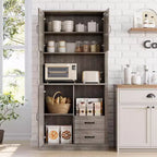 Meuble de cuisine élégant avec support pour micro-ondes, grande armoire haute avec tiroirs et étagères, solution de rangement parfaite pour les salles à manger et les salons