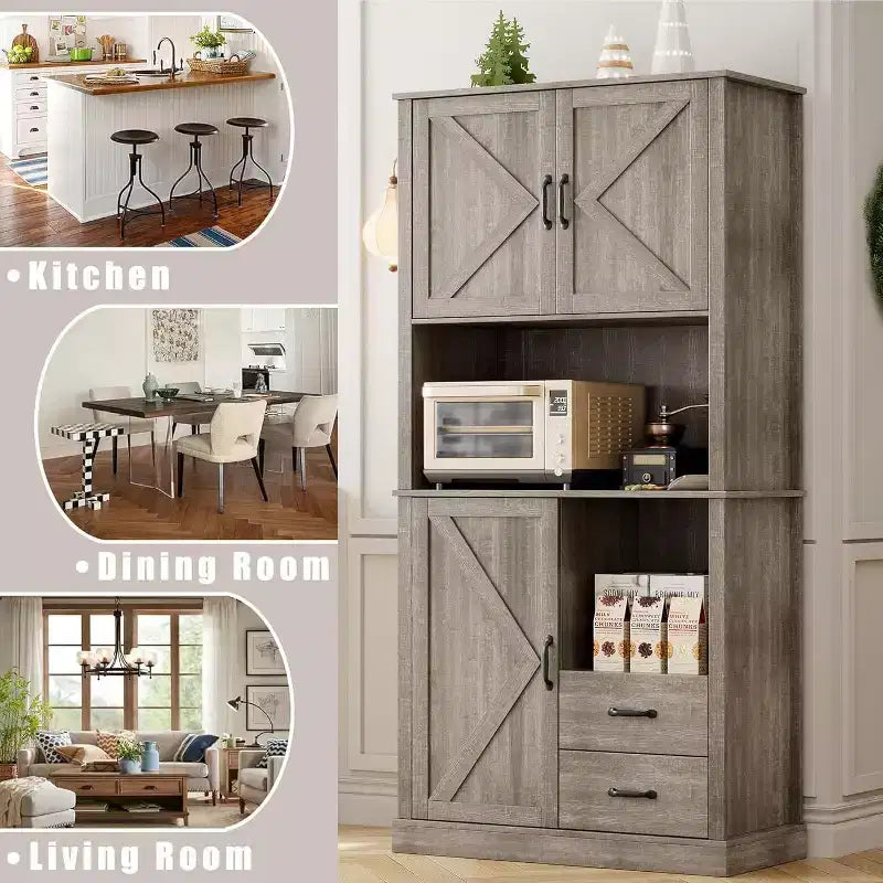 Meuble de cuisine élégant avec support pour micro-ondes, grande armoire haute avec tiroirs et étagères, solution de rangement parfaite pour les salles à manger et les salons