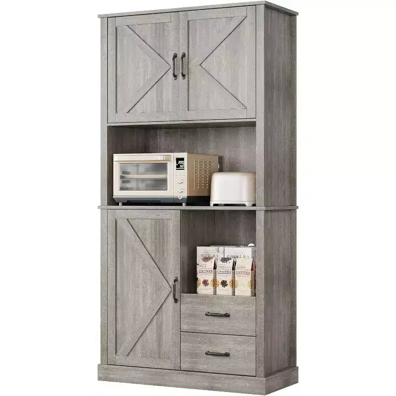 Stylish Kitchen Pantry Cabinet with Microwave Stand, Tall Hutch with Drawers & Shelves, Perfect Storage Solution for Dining and Living Rooms