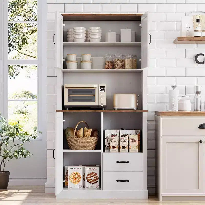 Meuble de cuisine élégant avec support pour micro-ondes, grande armoire haute avec tiroirs et étagères, solution de rangement parfaite pour les salles à manger et les salons