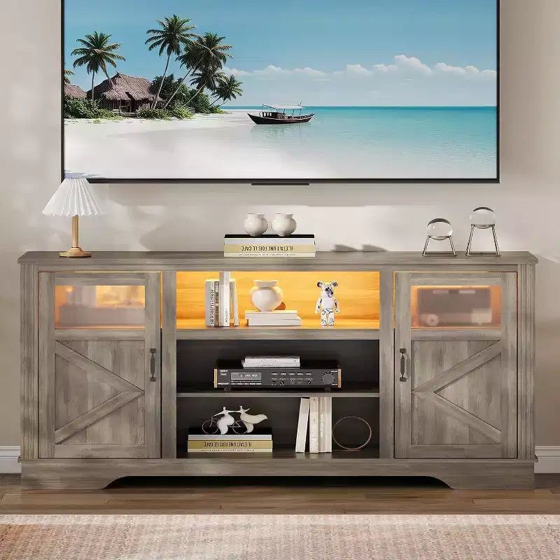 Meuble TV de ferme avec lumières LED pour téléviseurs de 65 po, armoires de rangement et étagères ouvertes